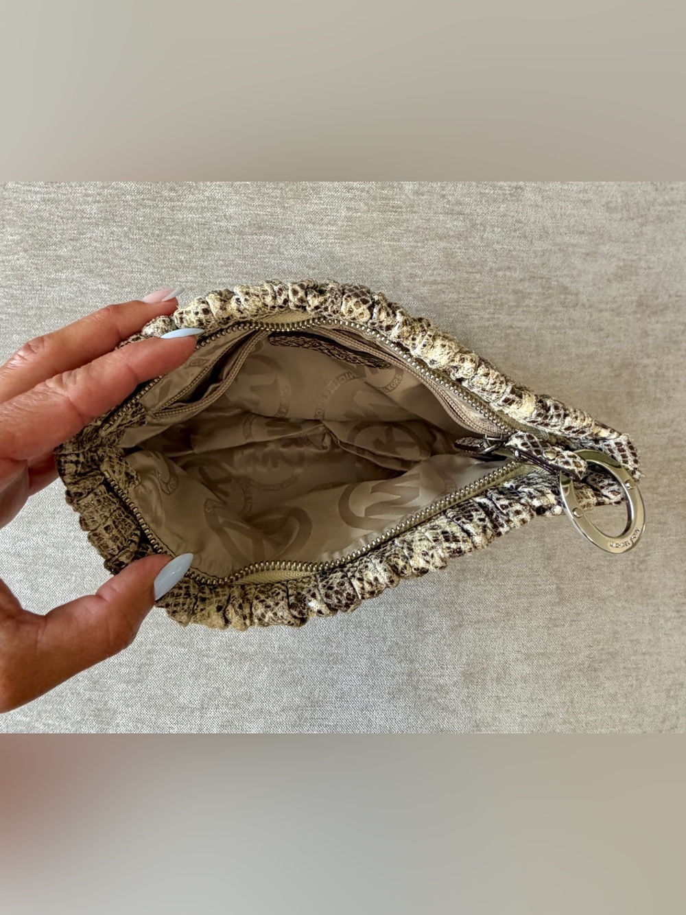 Michael Kors Ruched Snake-Print Clutch in Beige and Brown - Picture 5 of 8